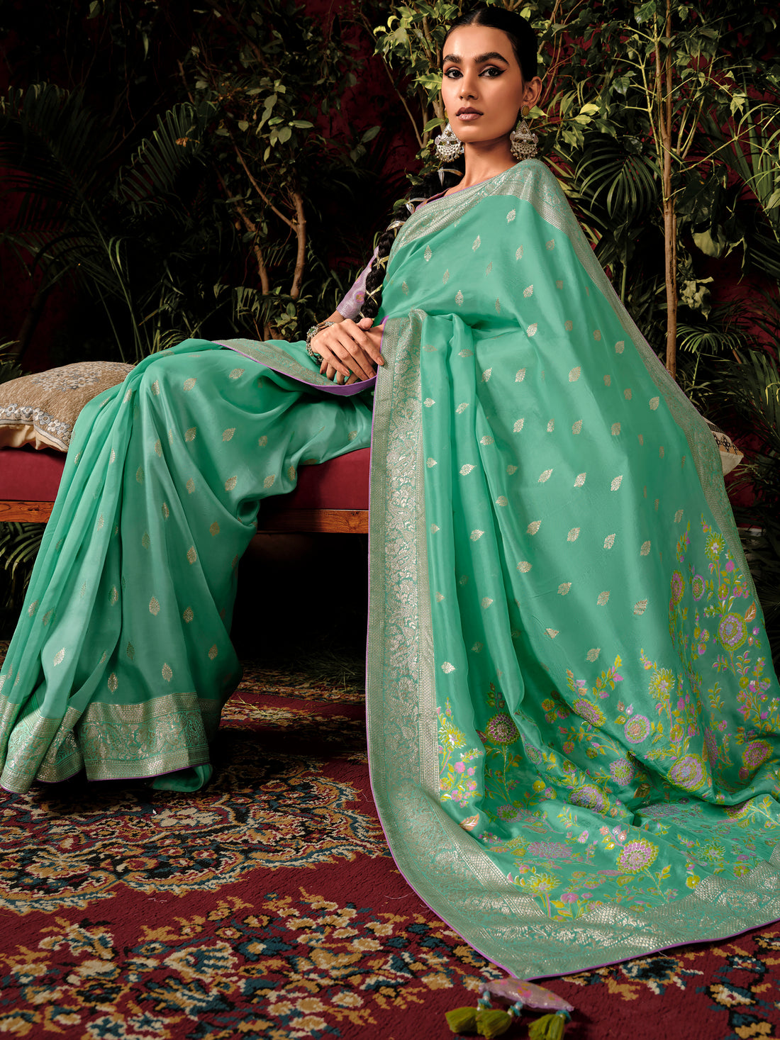 Alluring Sea Green Zari Weaving Silk Festive Wear Saree With Blouse