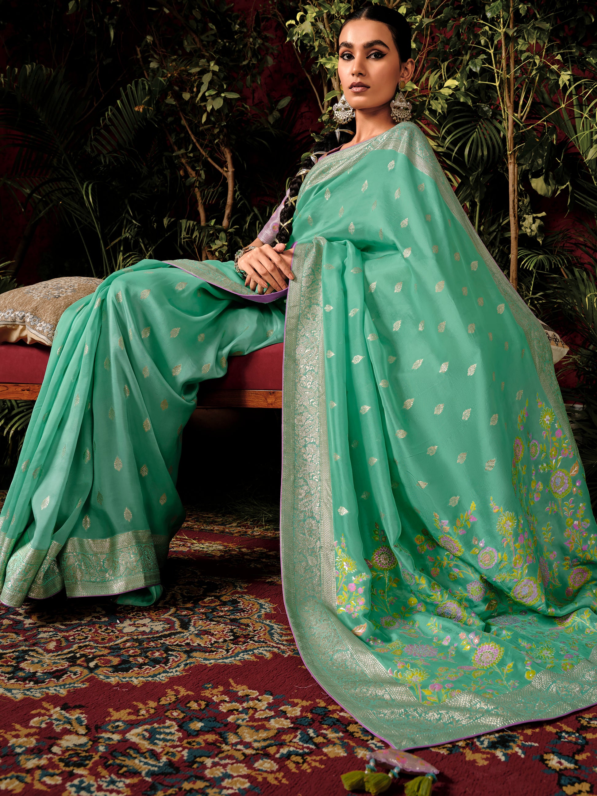 Alluring Sea Green Zari Weaving Silk Festive Wear Saree With Blouse