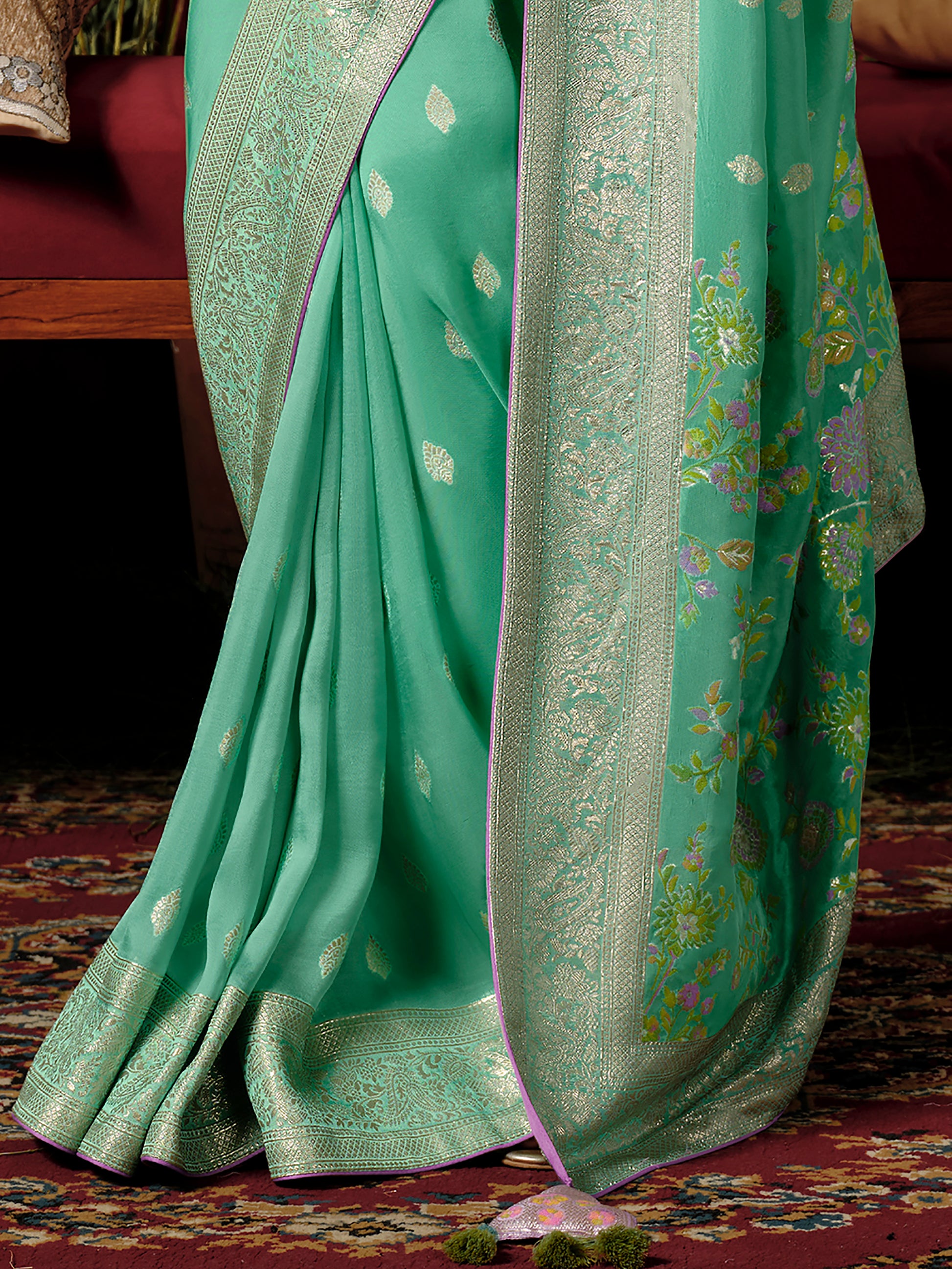 Alluring Sea Green Zari Weaving Silk Festive Wear Saree With Blouse