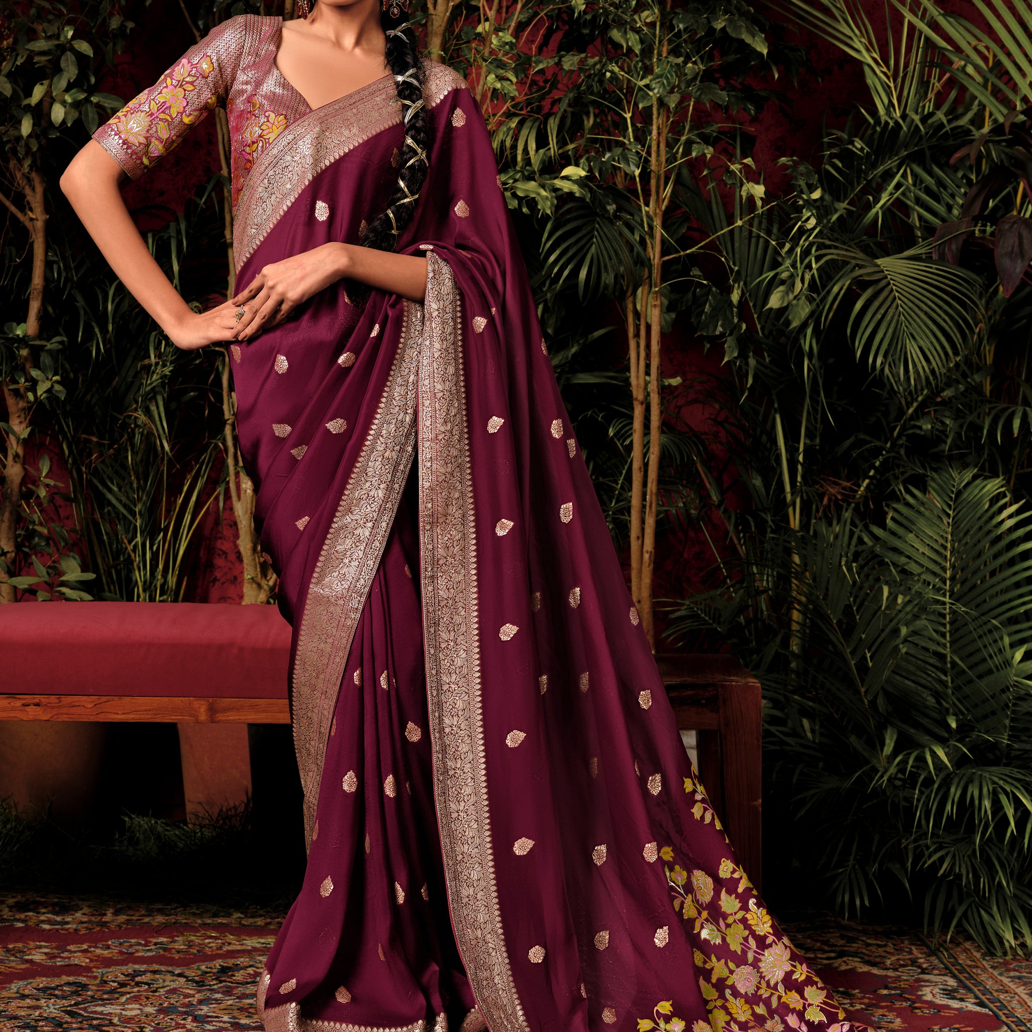 Attractive Wine Zari Weaving Silk Events Wear Saree With Blouse