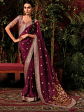 Attractive Wine Zari Weaving Silk Events Wear Saree With Blouse