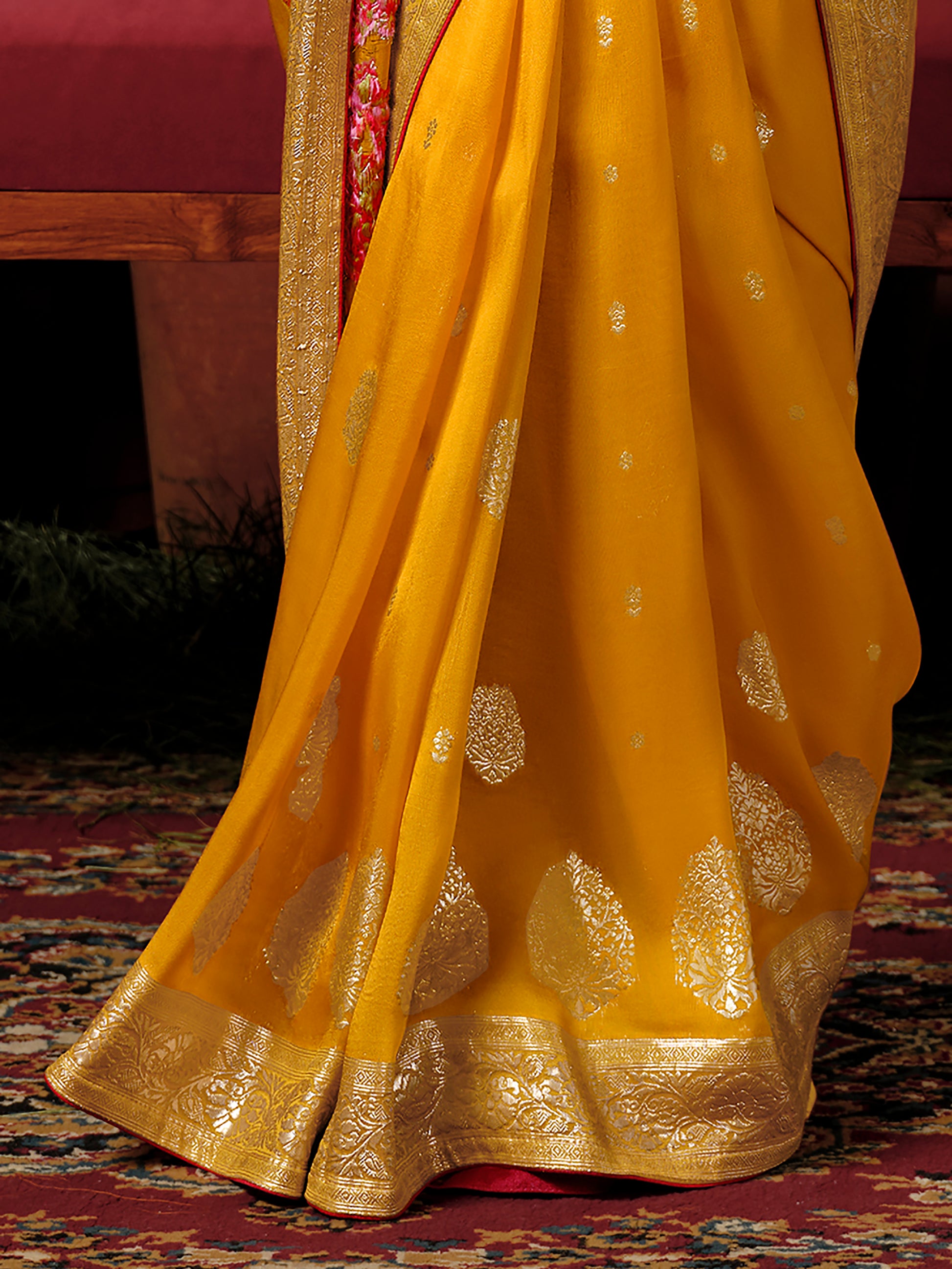 Stunning Mustard Yellow Zari Weaving Silk Haldi Wear Saree With Blouse
