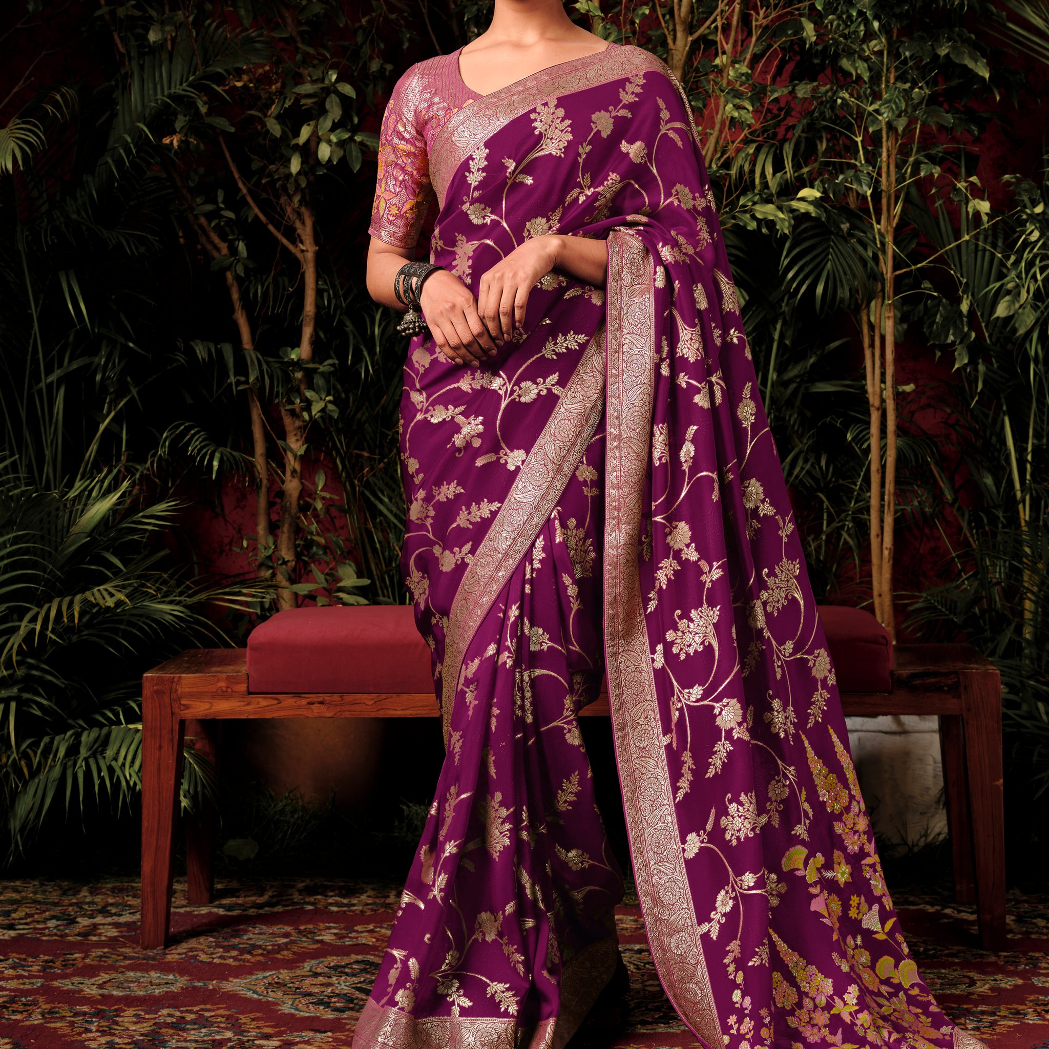 Pretty Magenta Zari Weaving Silk Wedding Wear Saree With Blouse