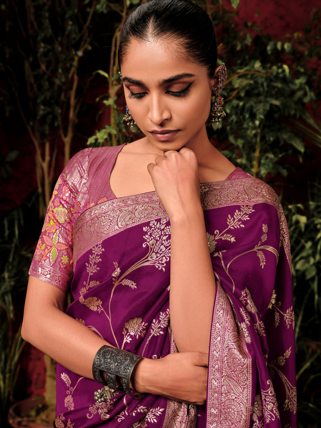 Pretty Magenta Zari Weaving Silk Wedding Wear Saree With Blouse
