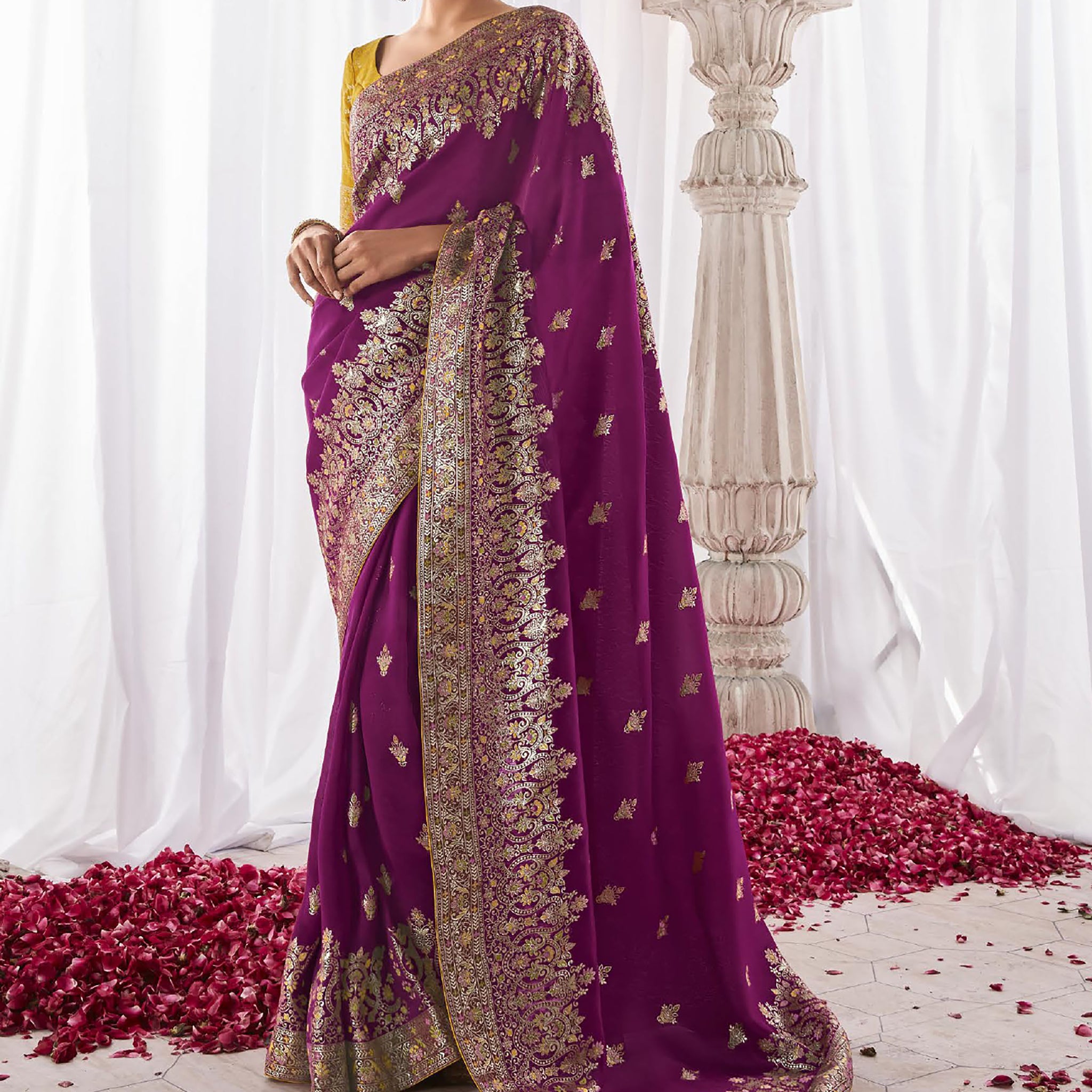 Pretty Purple Zari Weaving Silk Wedding Wear Saree With Blouse