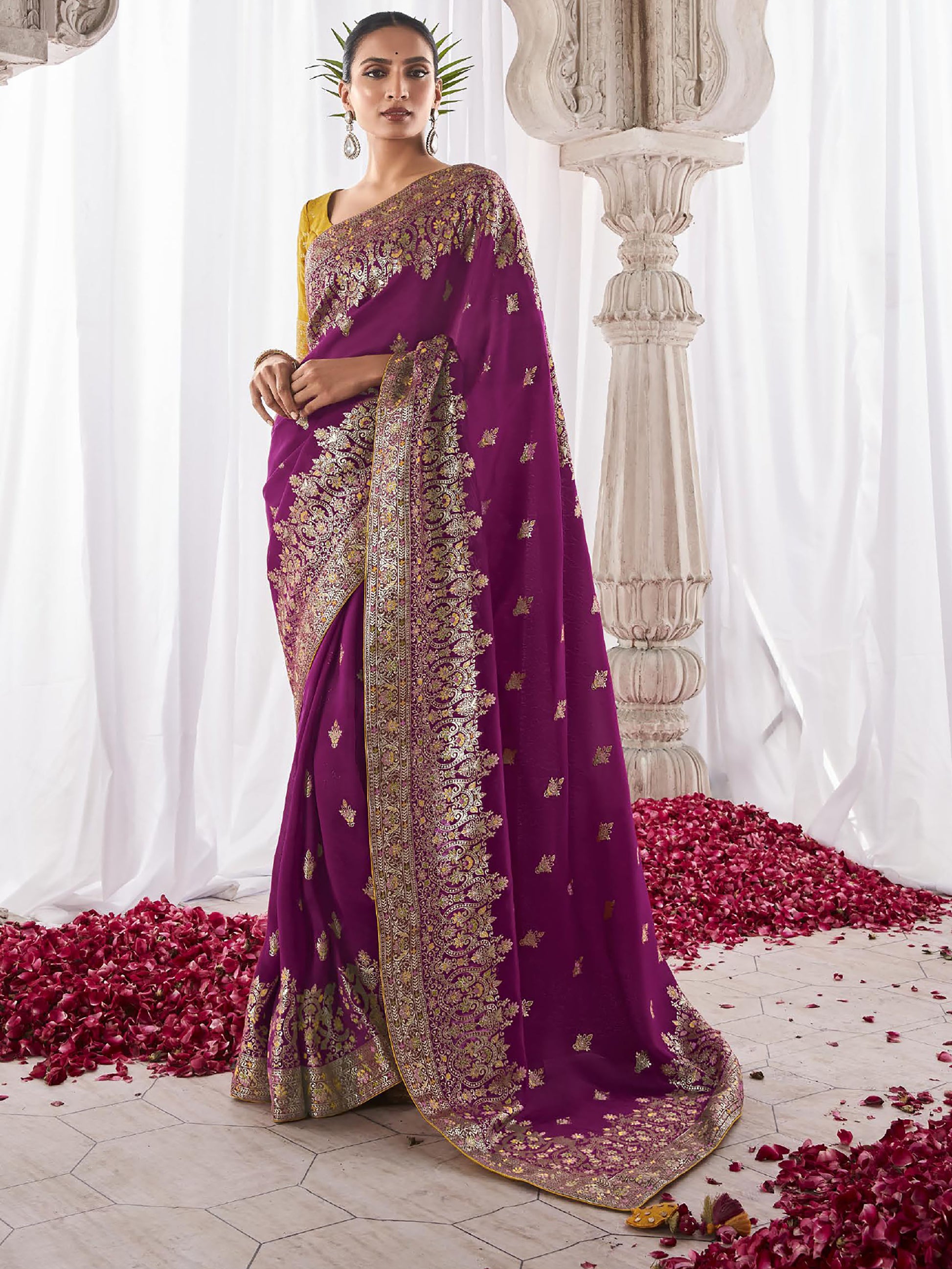 Pretty Purple Zari Weaving Silk Wedding Wear Saree With Blouse