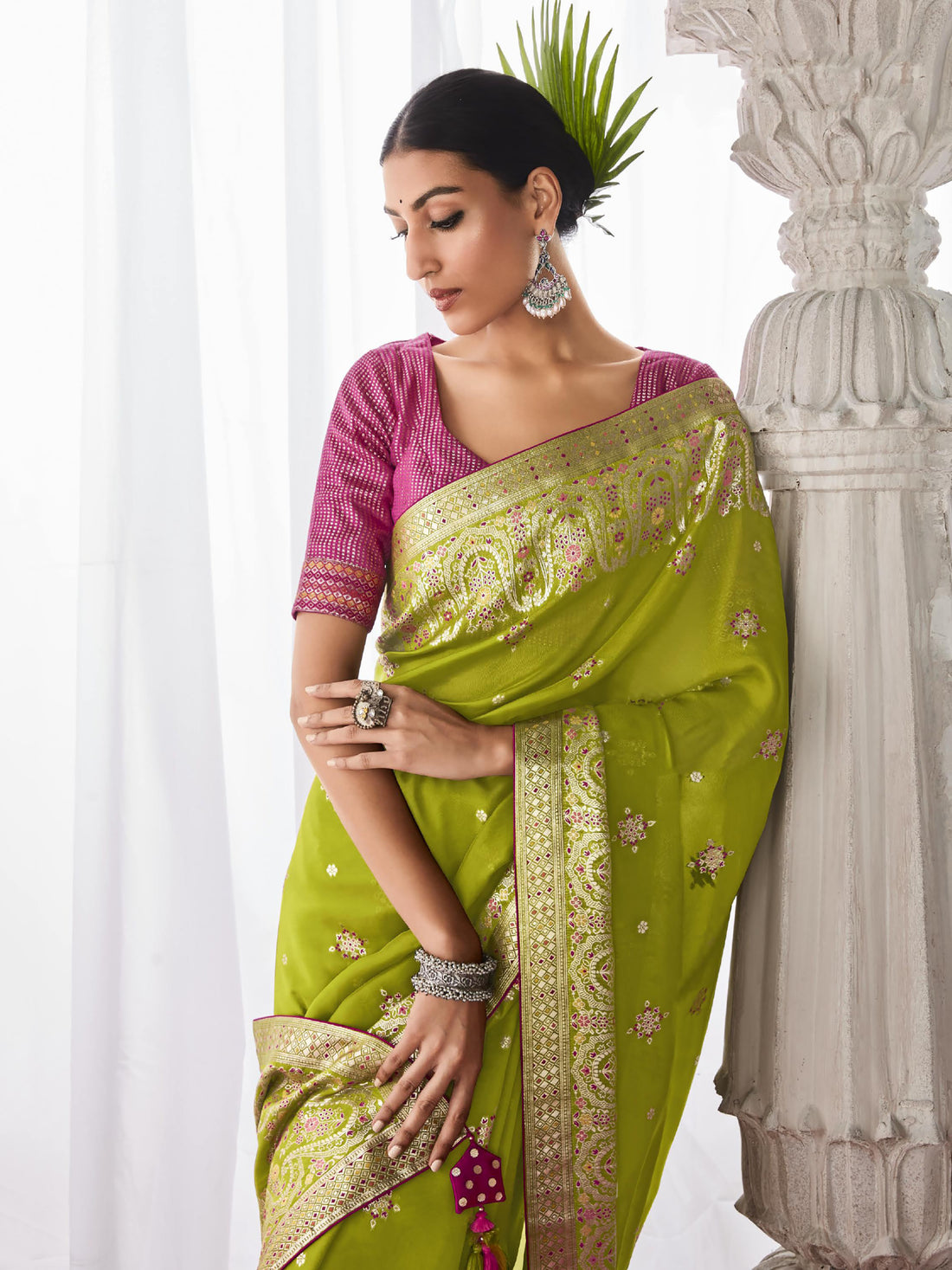 Fancified Light Green Zari Weaving Silk Sangeet Wear Saree With Blouse