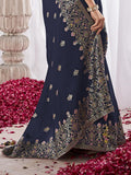 Beautiful Navy Blue Zari Weaving Silk Engagement Wear Saree