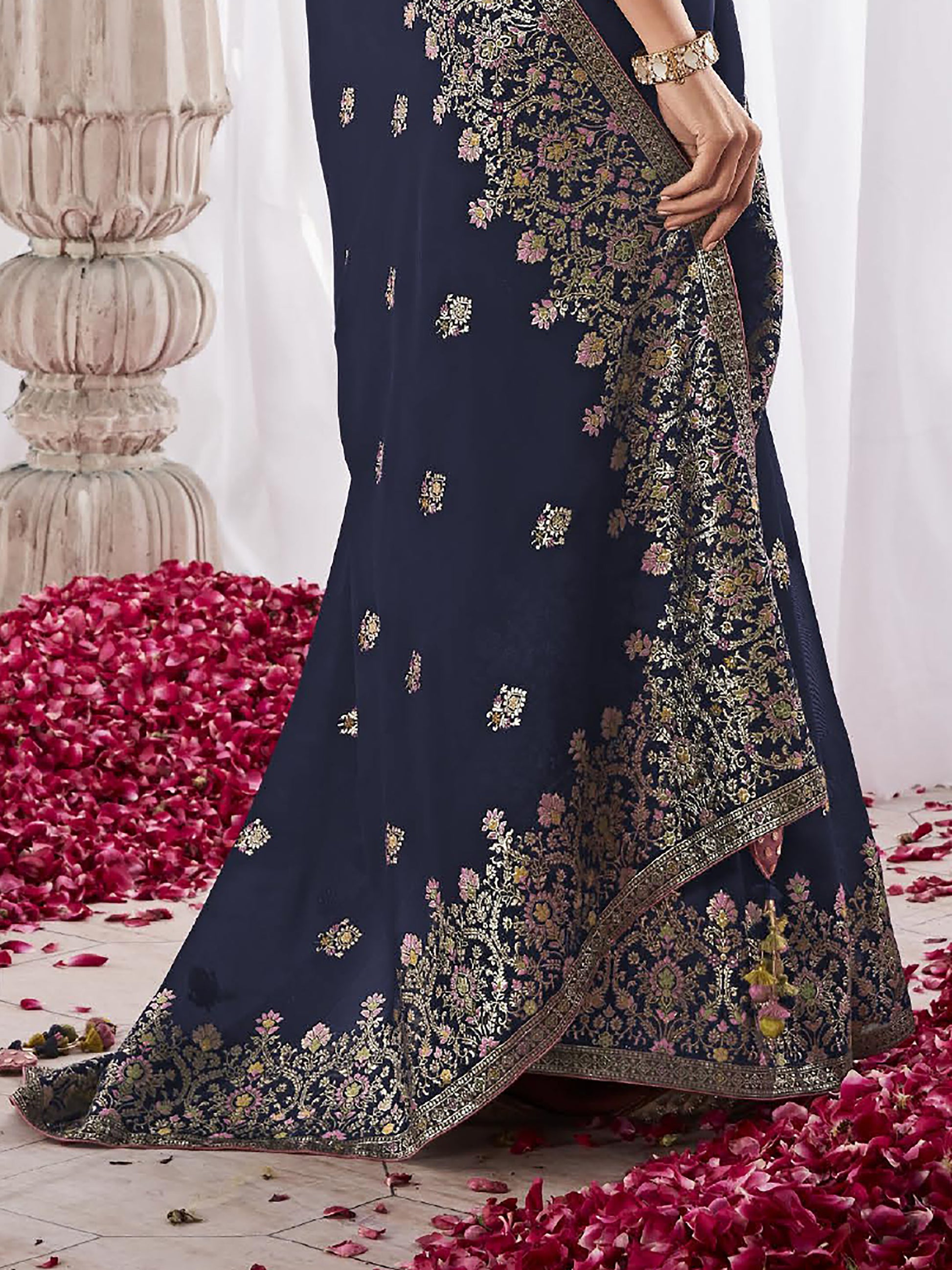 Beautiful Navy Blue Zari Weaving Silk Engagement Wear Saree