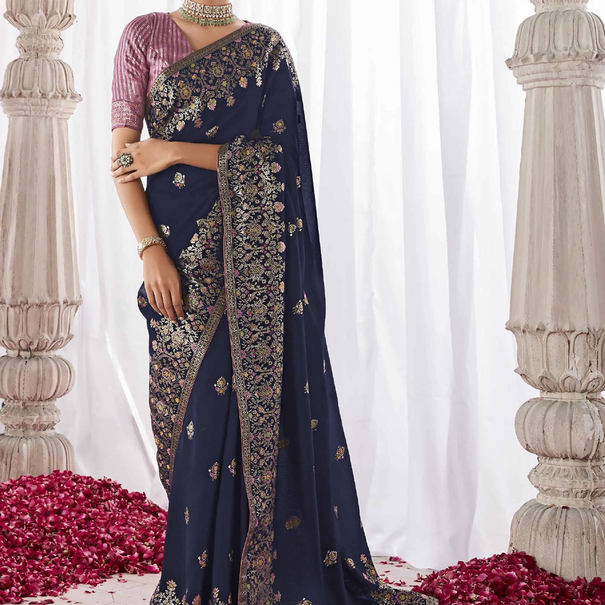 Beautiful Navy Blue Zari Weaving Silk Engagement Wear Saree