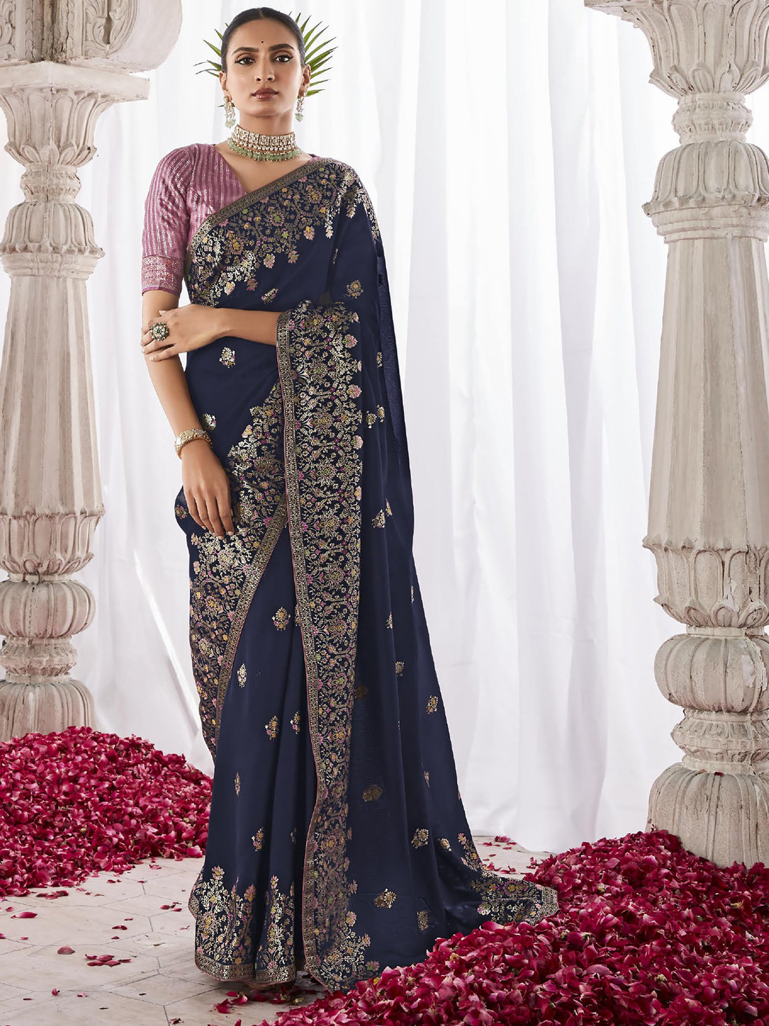 Beautiful Navy Blue Zari Weaving Silk Engagement Wear Saree