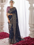 Beautiful Navy Blue Zari Weaving Silk Engagement Wear Saree