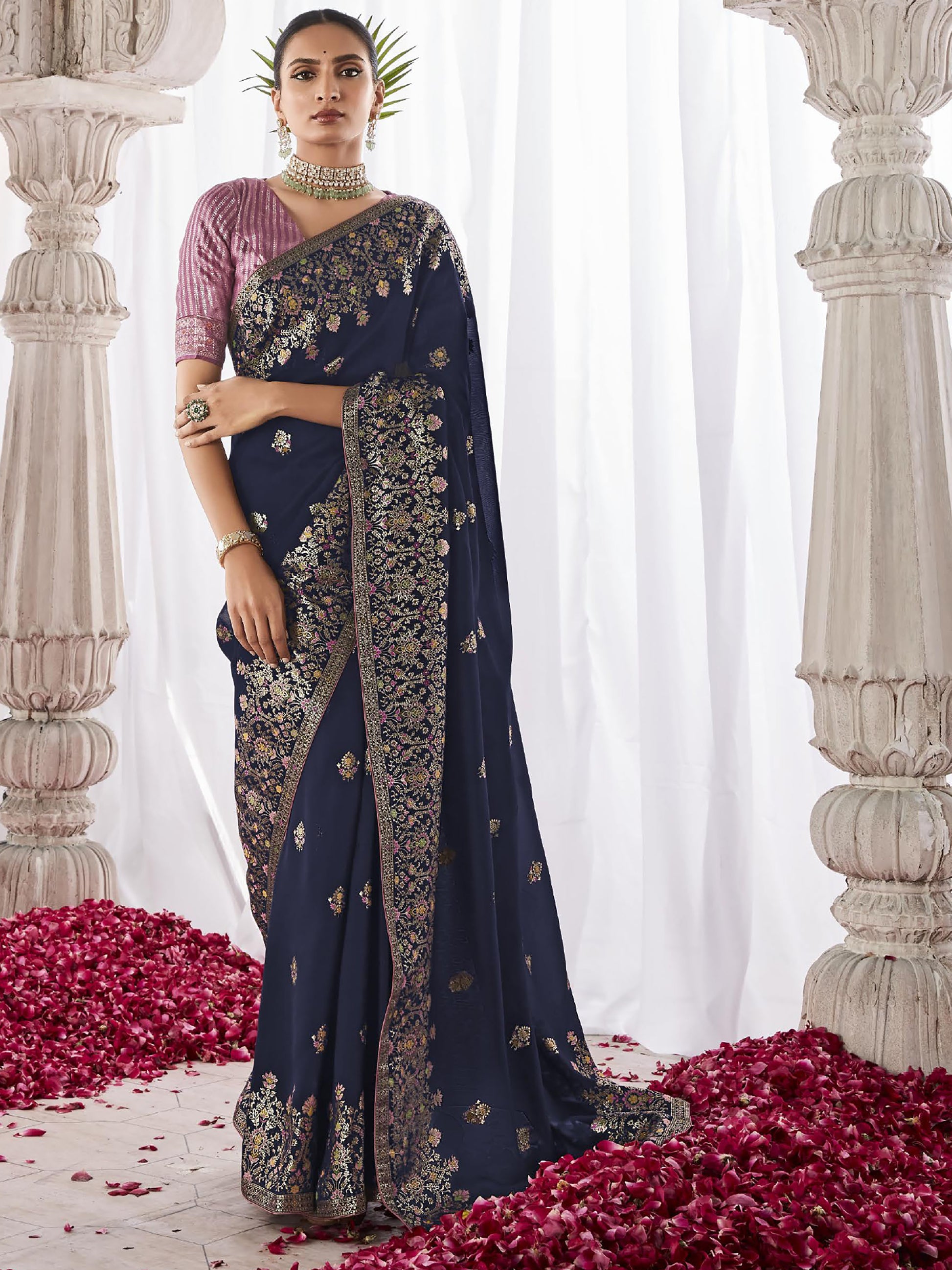 Beautiful Navy Blue Zari Weaving Silk Engagement Wear Saree