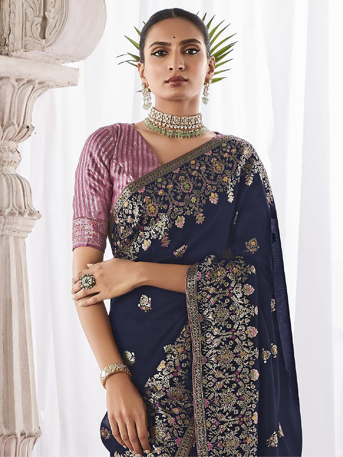 Beautiful Navy Blue Zari Weaving Silk Engagement Wear Saree