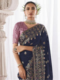 Beautiful Navy Blue Zari Weaving Silk Engagement Wear Saree