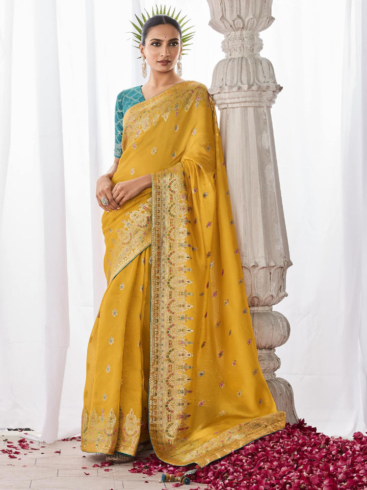 Stunning Yellow Zari Weaving Silk Haldi Wear Saree With Blouse