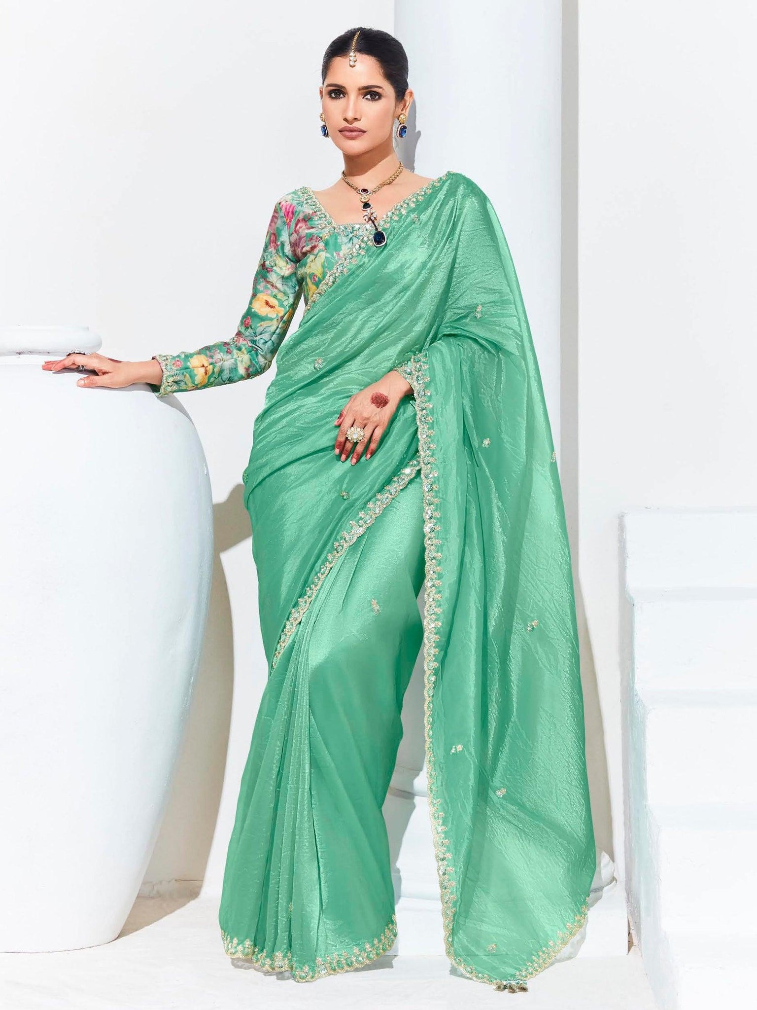Captivating Teal Green Embroidered Organza Festival Wear Saree