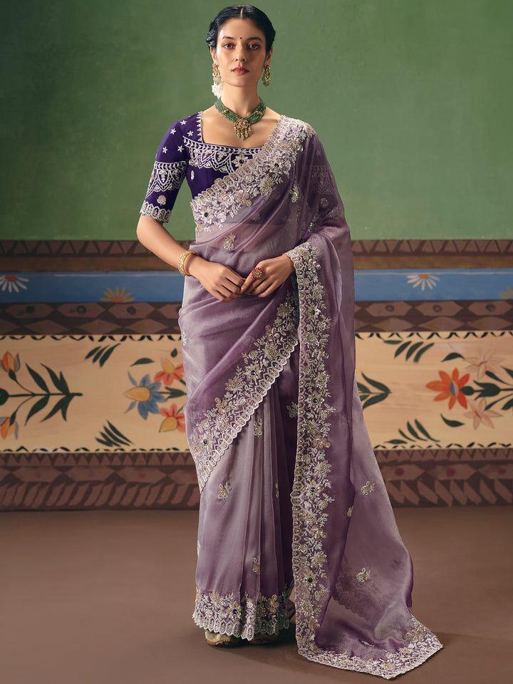 Sparkling Dusty Purple Sequins Silk Engagement Wear Saree With Blouse