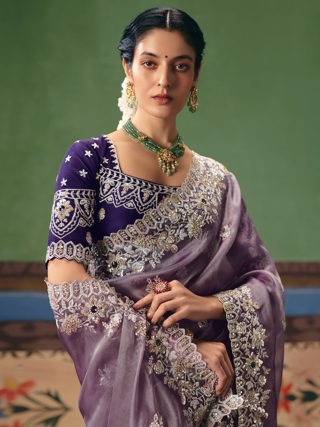 Sparkling Dusty Purple Sequins Silk Engagement Wear Saree With Blouse