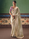 Gorgeous Off-White Dori Work Silk Wedding Wear Saree With Blouse