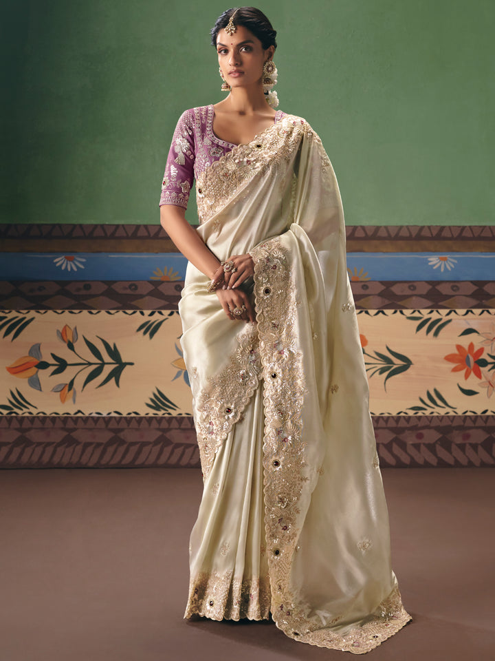 Gorgeous Off-White Dori Work Silk Wedding Wear Saree With Blouse