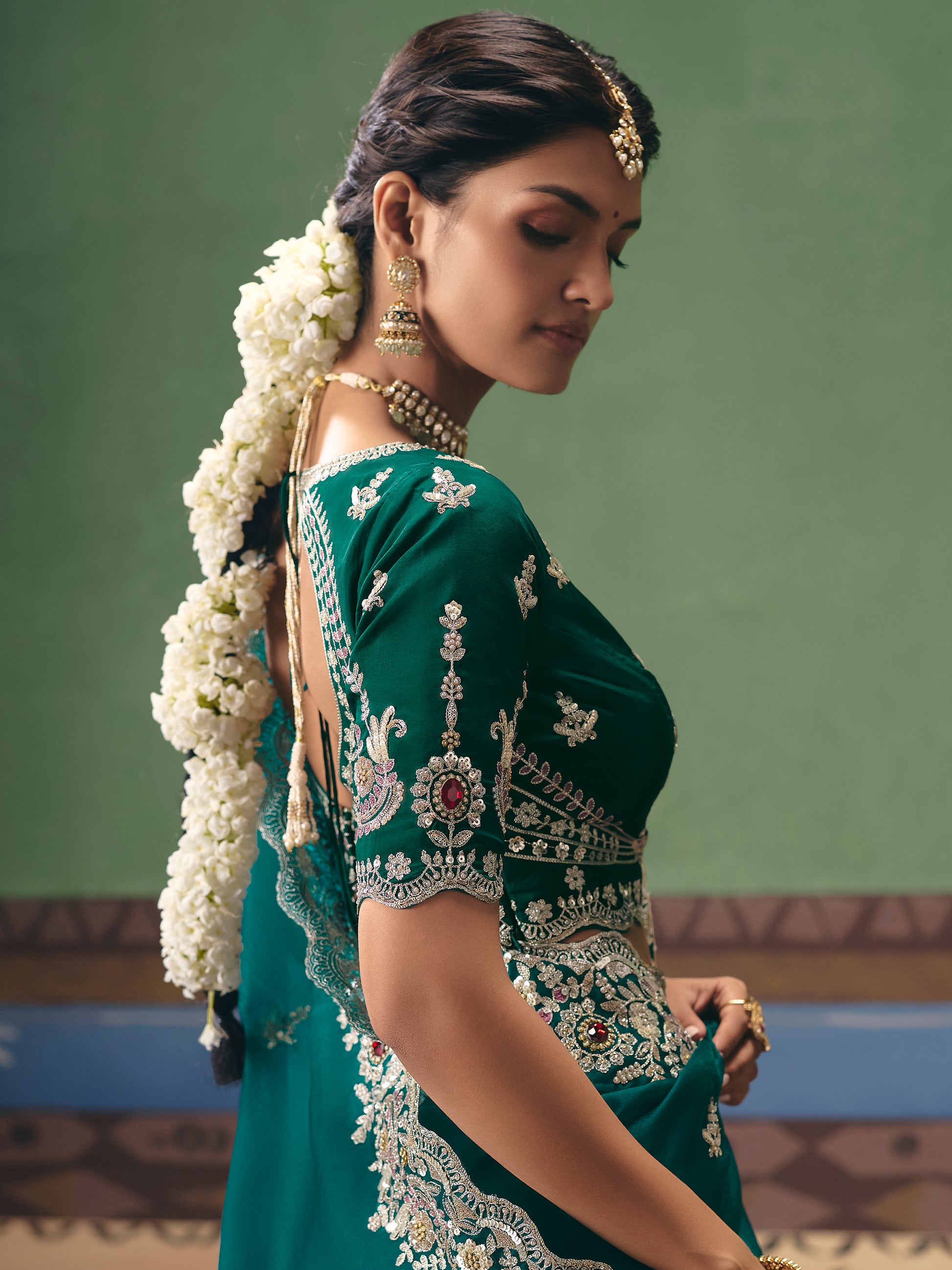 Sparkling Teal Green Dori Embroidered Silk Designer Saree With Blouse