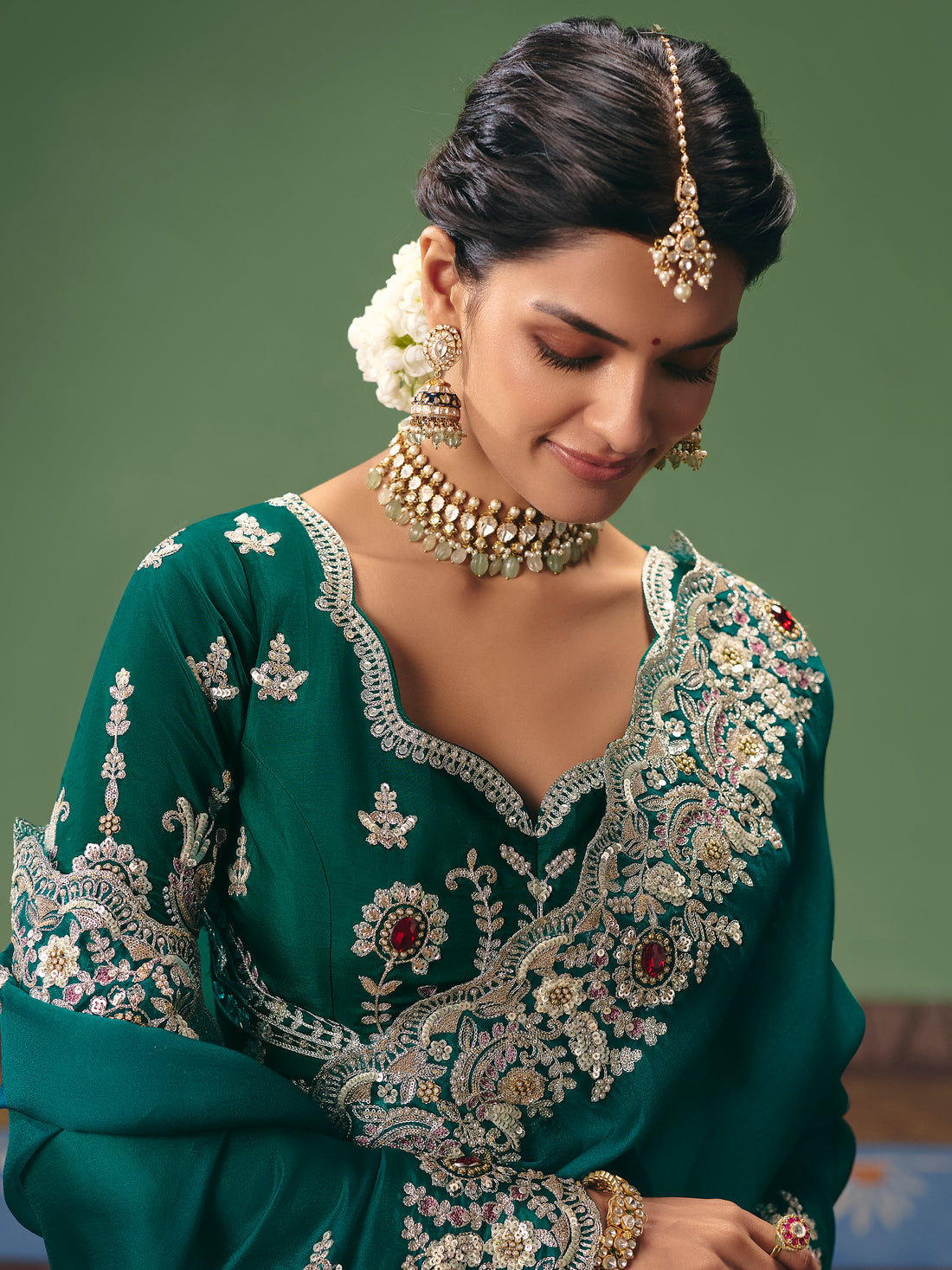 Sparkling Teal Green Dori Embroidered Silk Designer Saree With Blouse