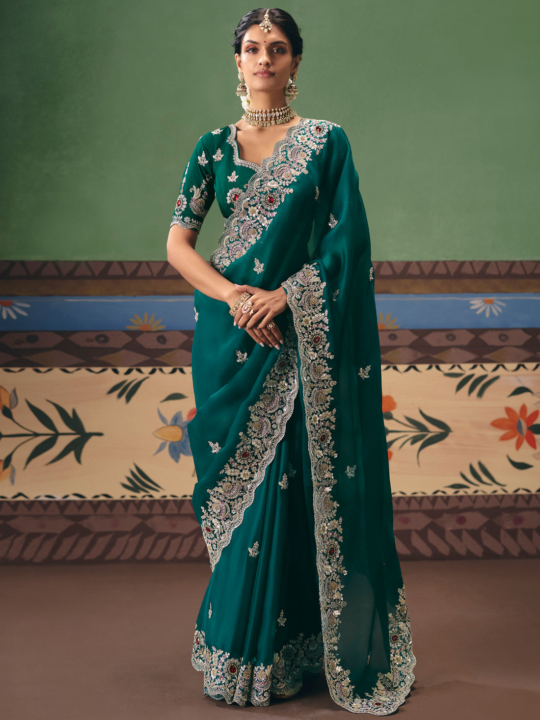 Sparkling Teal Green Dori Embroidered Silk Designer Saree With Blouse