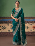 Sparkling Teal Green Dori Embroidered Silk Designer Saree With Blouse