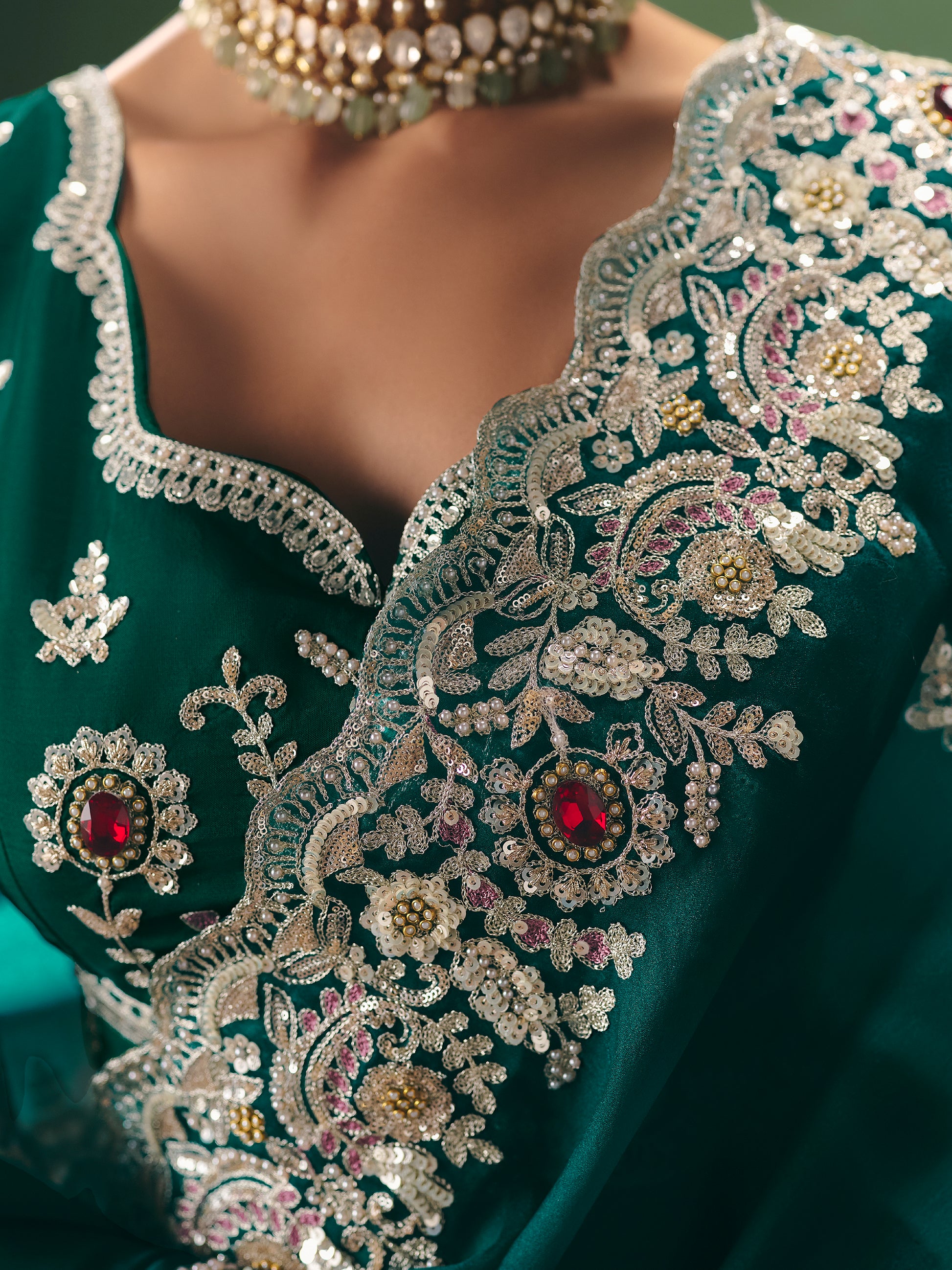 Sparkling Teal Green Dori Embroidered Silk Designer Saree With Blouse