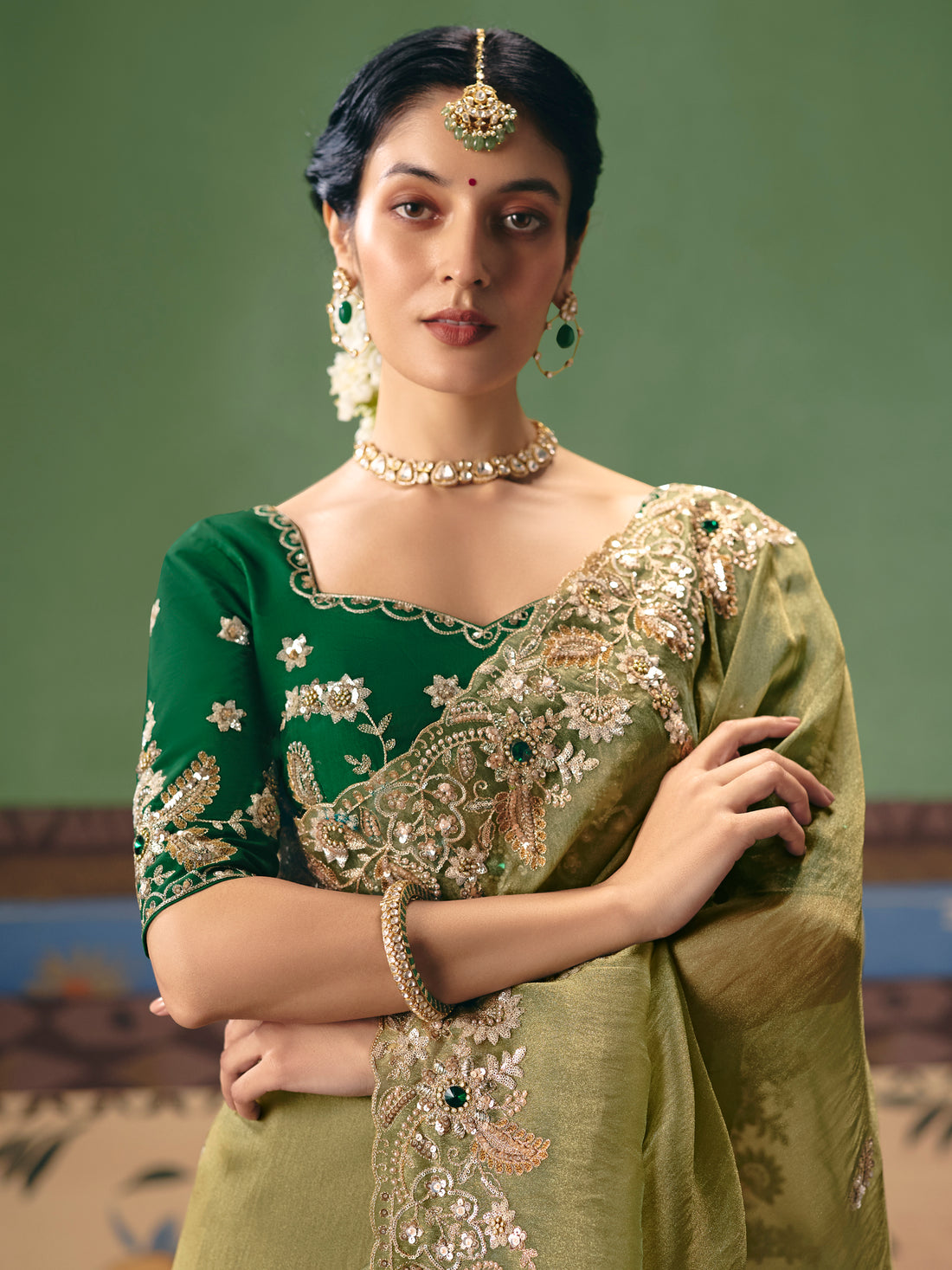 Fantastic Olive Green Sequins Silk Mehendi Wear Saree With Blouse