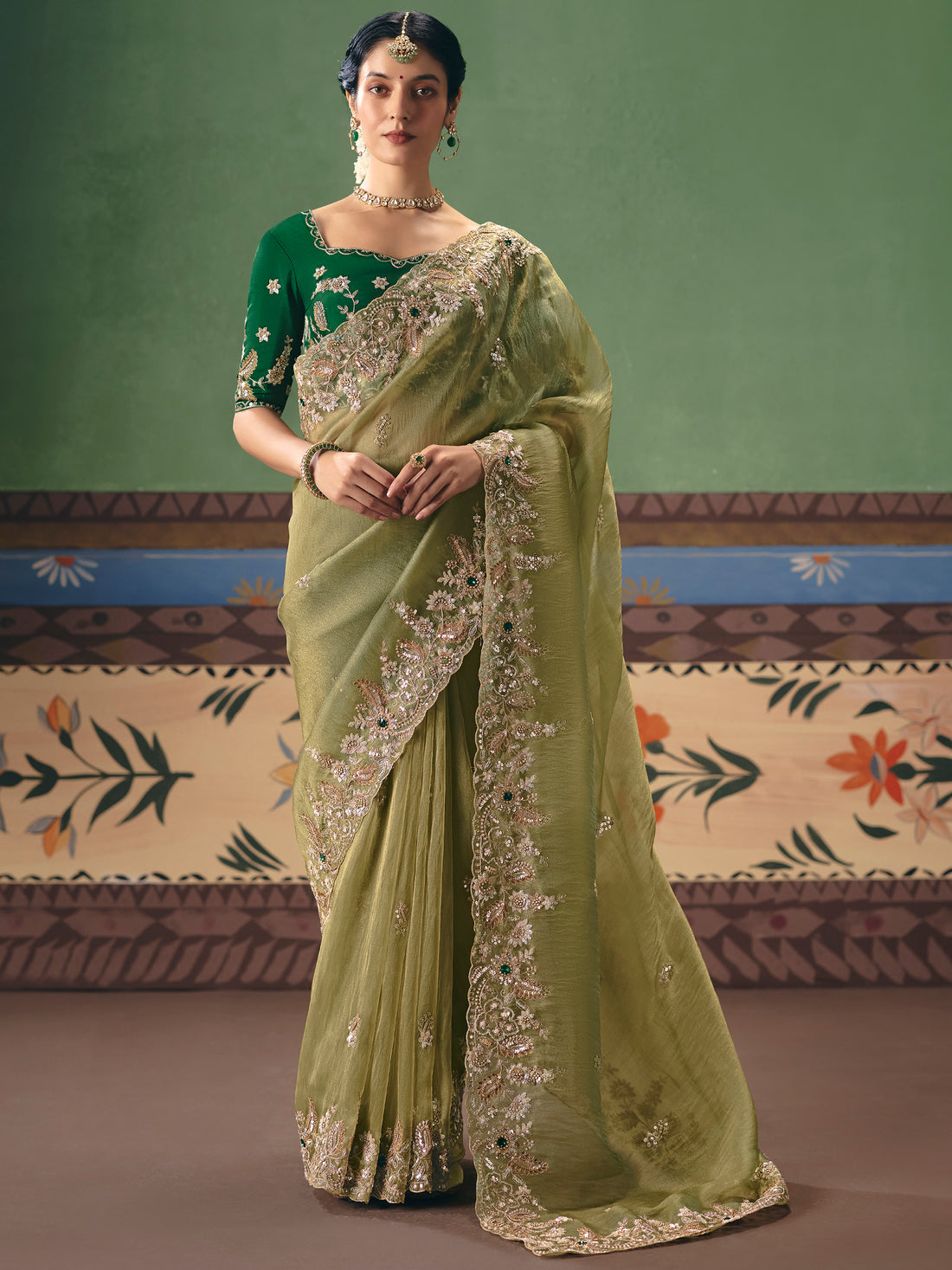 Fantastic Olive Green Sequins Silk Mehendi Wear Saree With Blouse