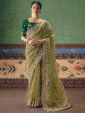 Fantastic Olive Green Sequins Silk Mehendi Wear Saree With Blouse