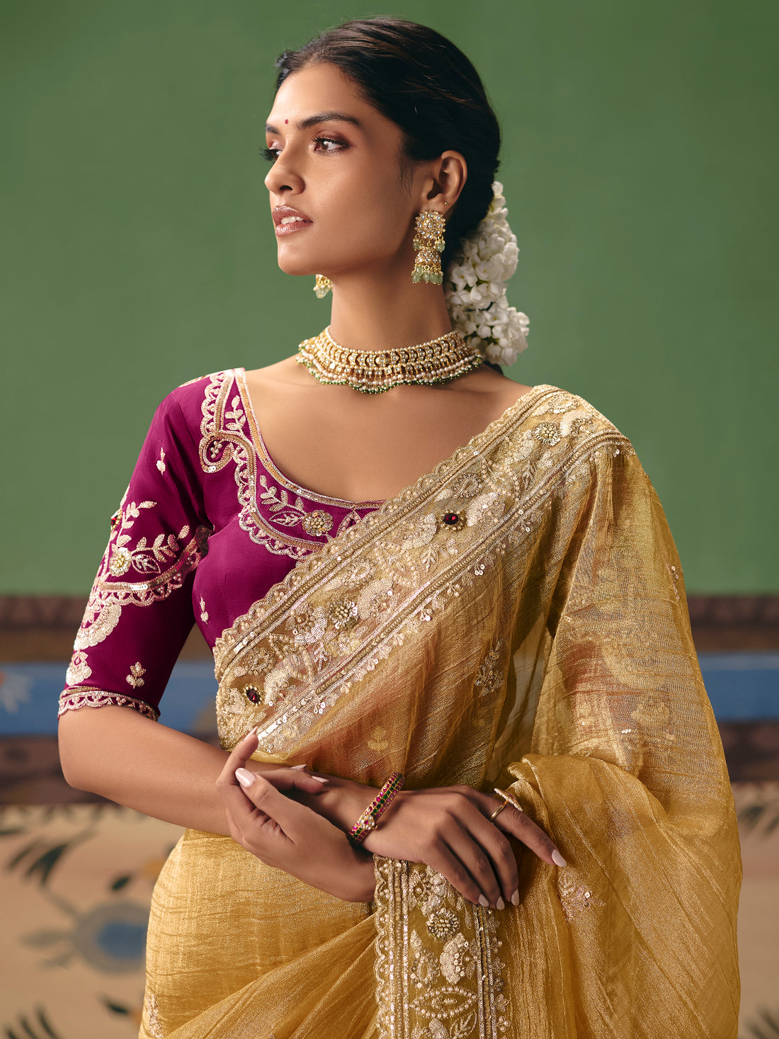 Enchanting Yellow Stone Work Silk Haldi Wear Saree With Blouse