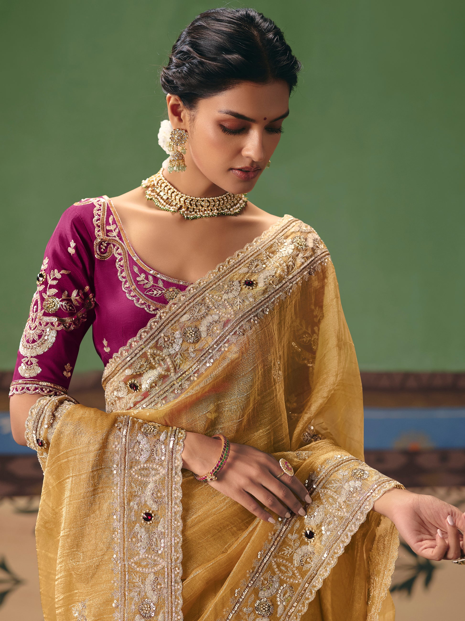 Enchanting Yellow Stone Work Silk Haldi Wear Saree With Blouse