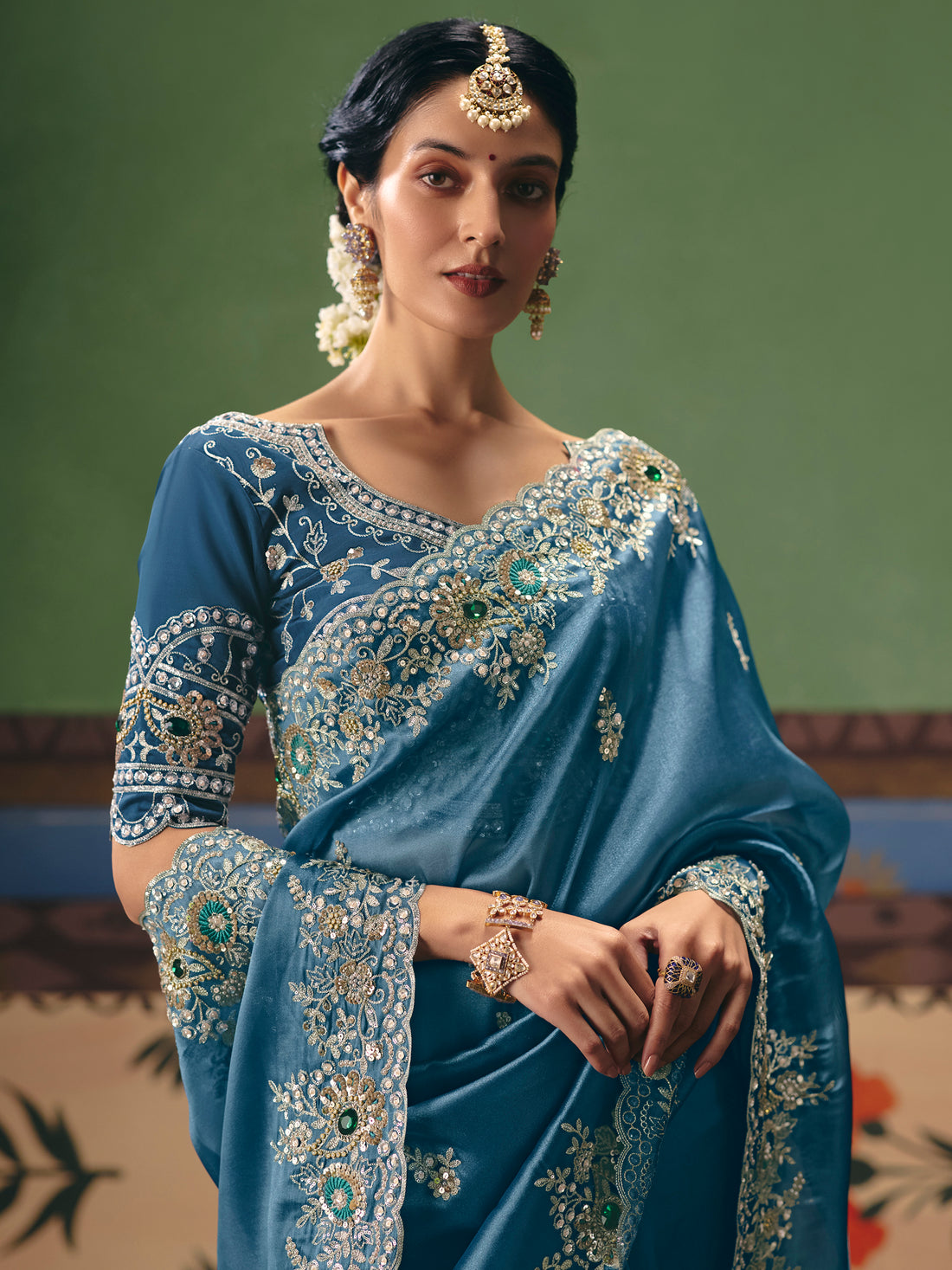 Incredible Blue Dori Embroidered Silk Festival Wear Saree With Blouse