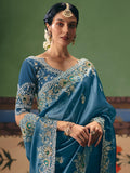 Incredible Blue Dori Embroidered Silk Festival Wear Saree With Blouse