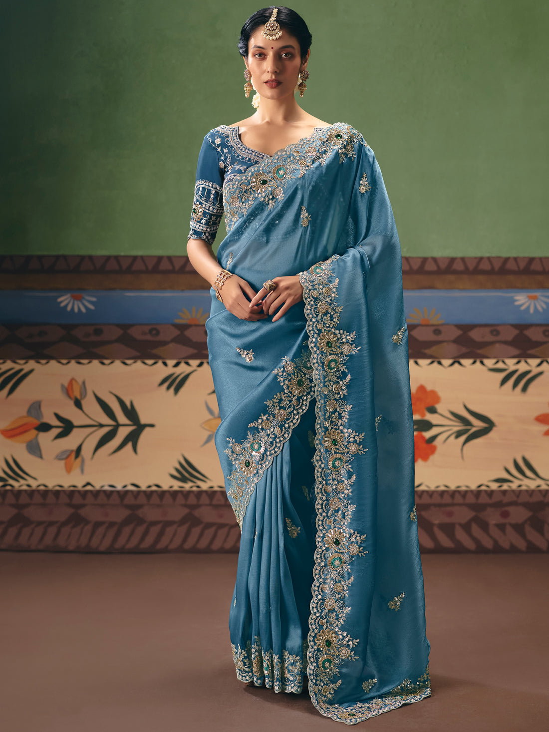 Incredible Blue Dori Embroidered Silk Festival Wear Saree With Blouse