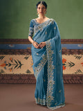 Incredible Blue Dori Embroidered Silk Festival Wear Saree With Blouse