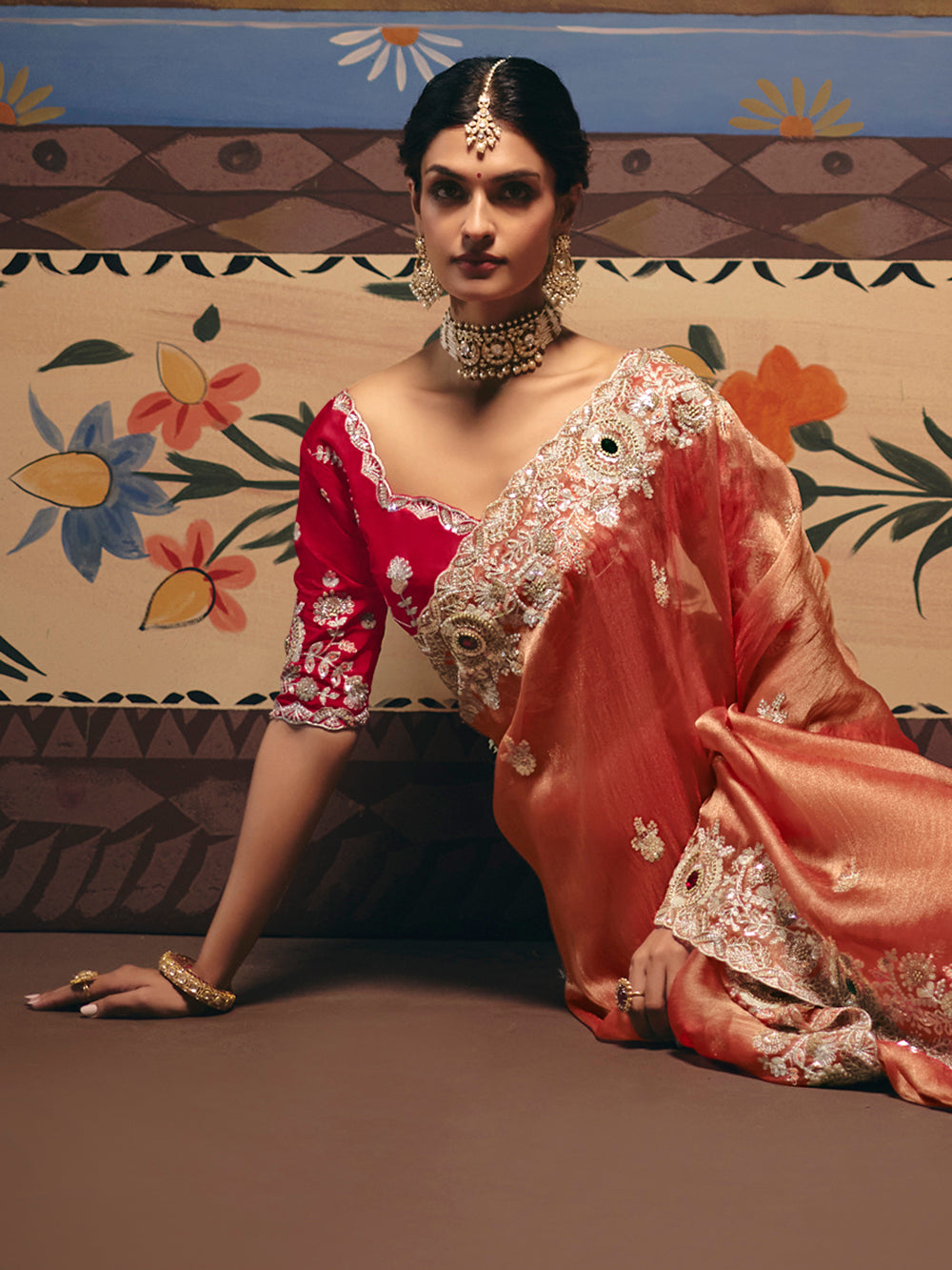 Lovely Orange Sequins Silk Wedding Wear Saree With Blouse