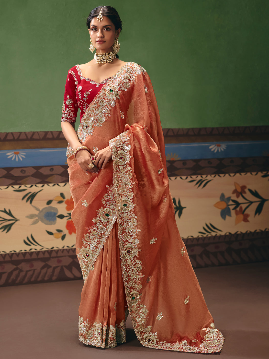 Lovely Orange Sequins Silk Wedding Wear Saree With Blouse