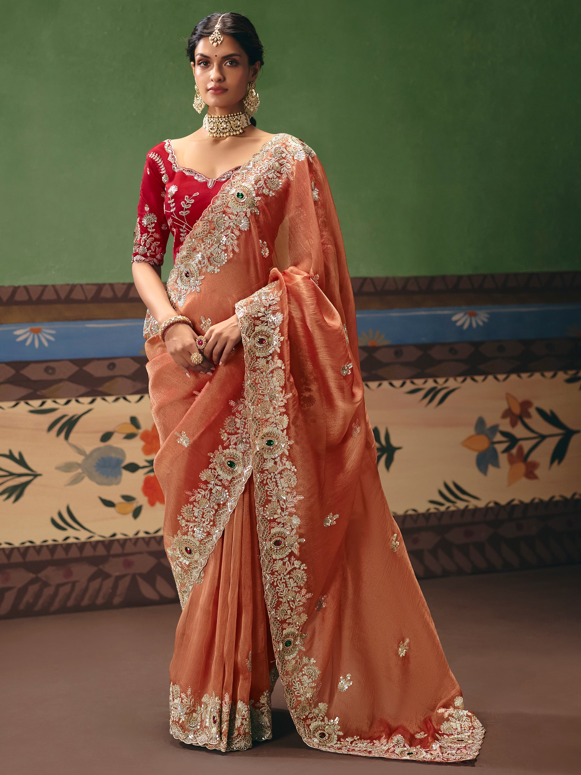 Lovely Orange Sequins Silk Wedding Wear Saree With Blouse