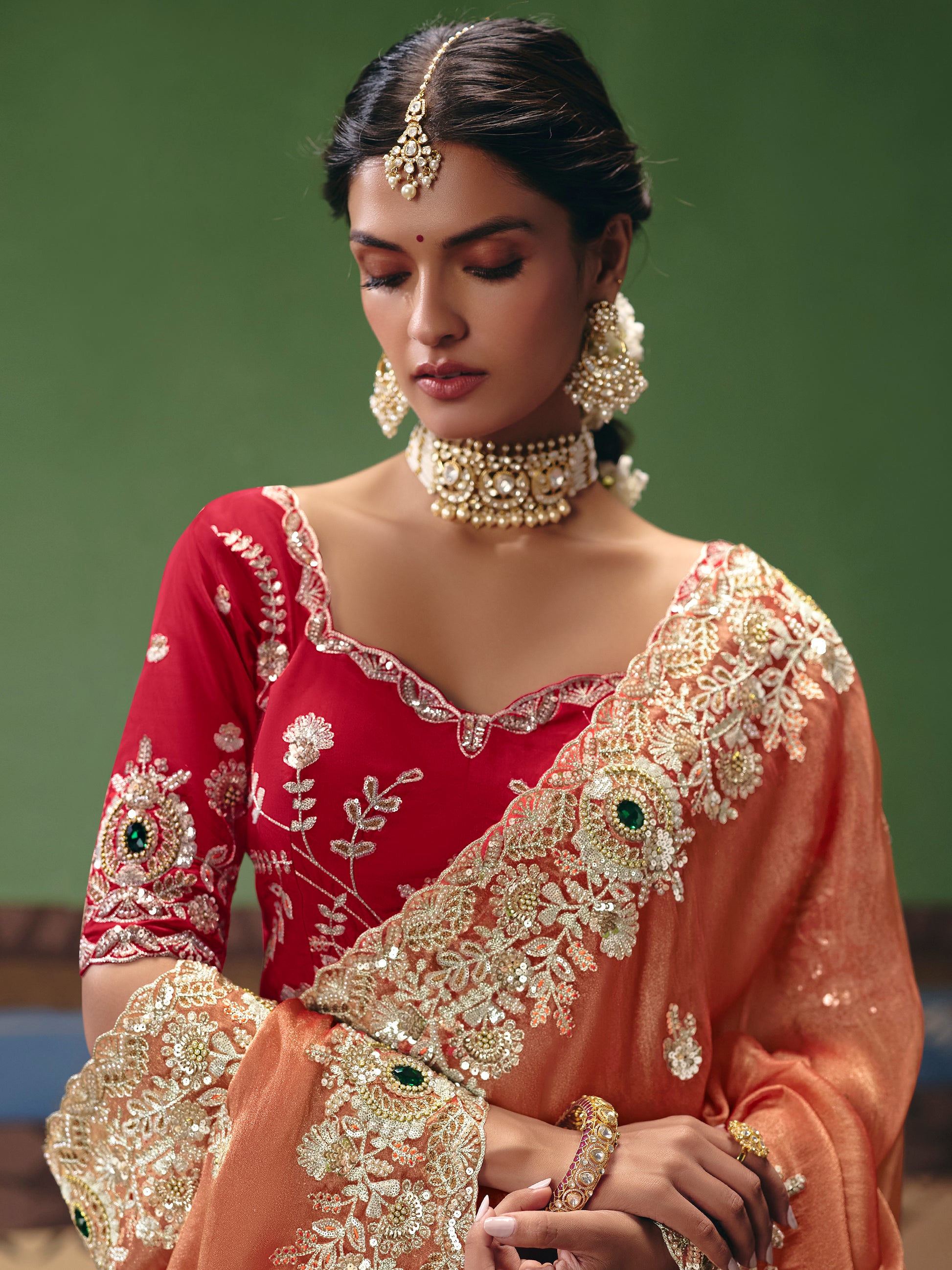 Lovely Orange Sequins Silk Wedding Wear Saree With Blouse