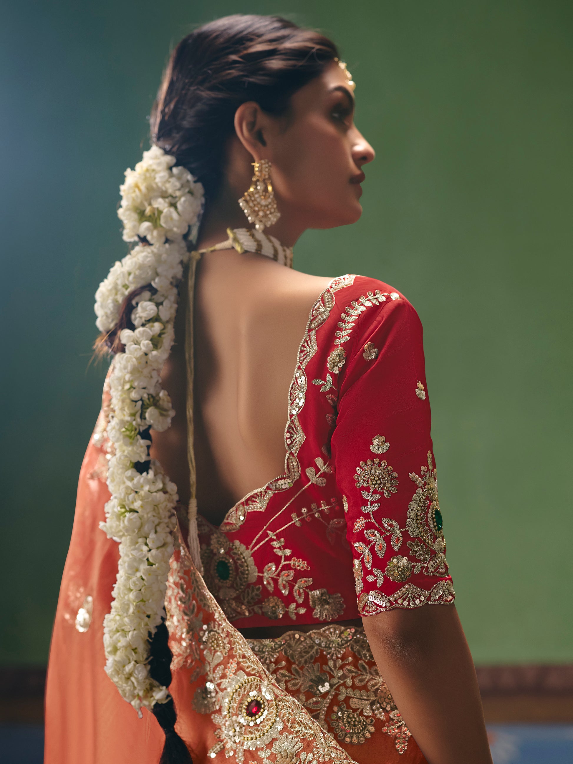 Lovely Orange Sequins Silk Wedding Wear Saree With Blouse