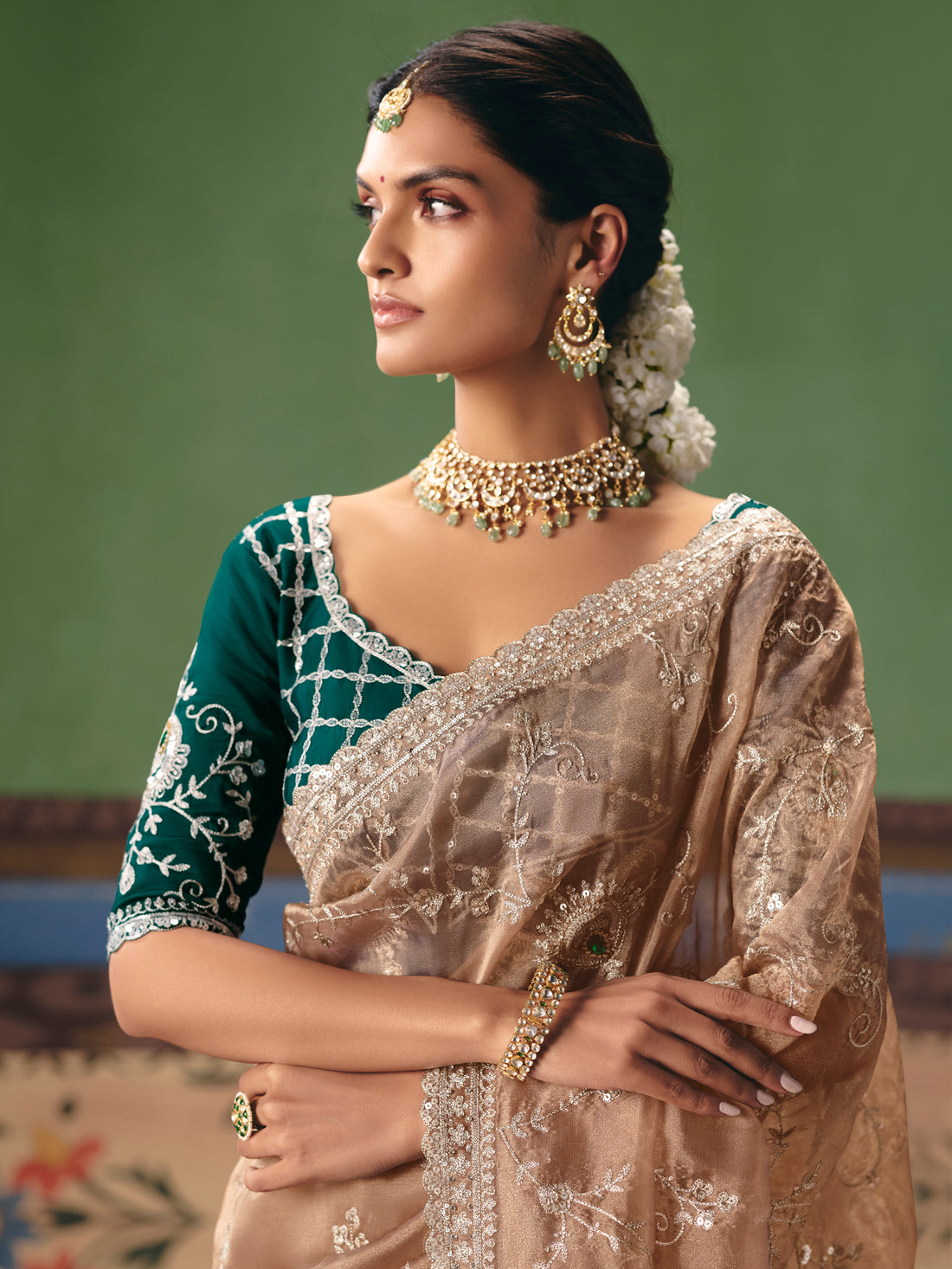 Marvelous Beige Dori Embroidered Silk Engagement Wear Saree
