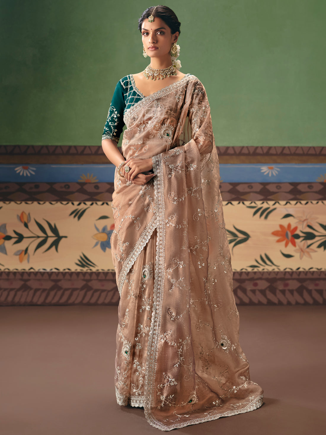 Marvelous Beige Dori Embroidered Silk Engagement Wear Saree