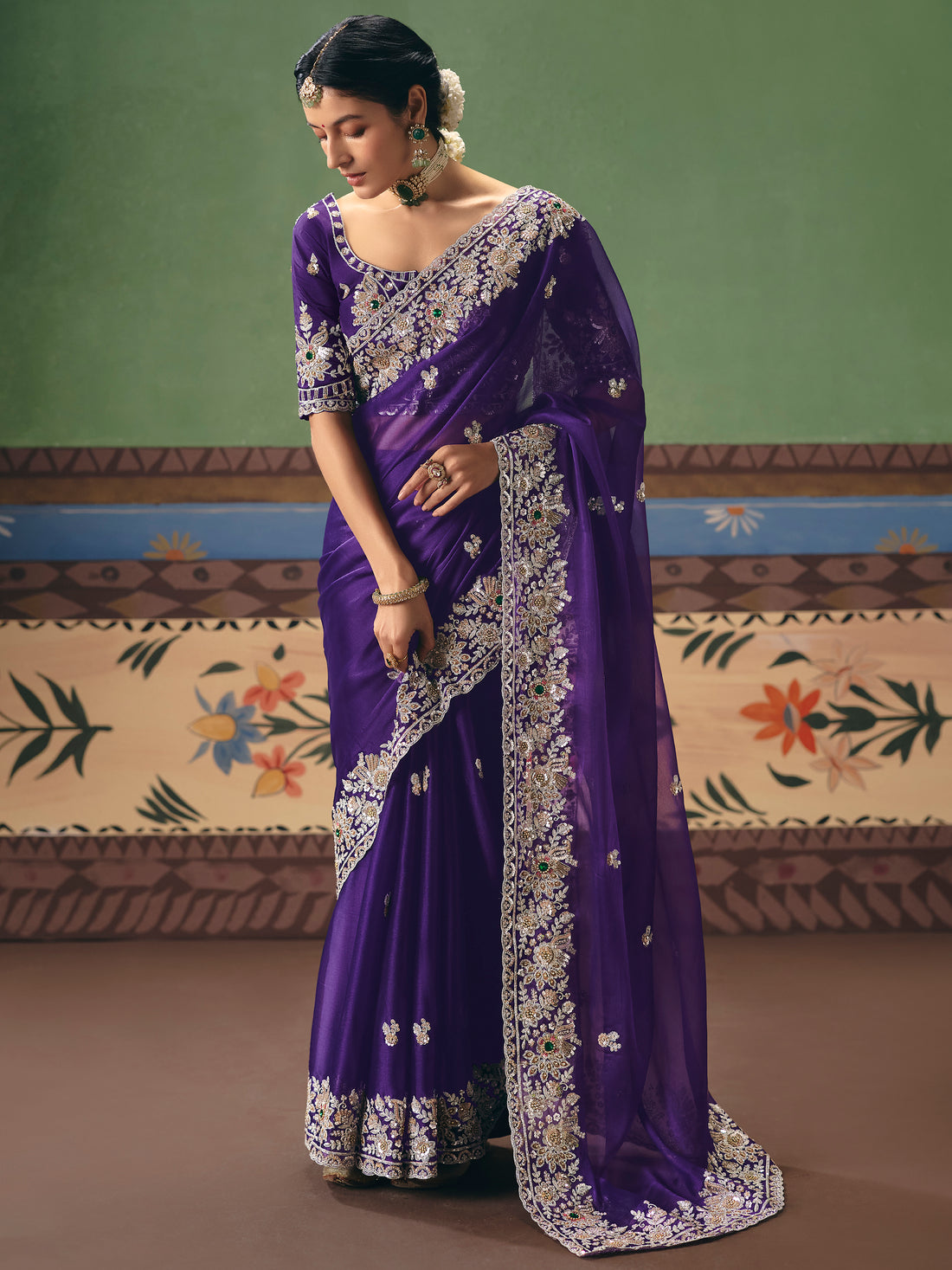 Fabulous Navy Blue Sequins Silk Reception Wear Saree With Blouse