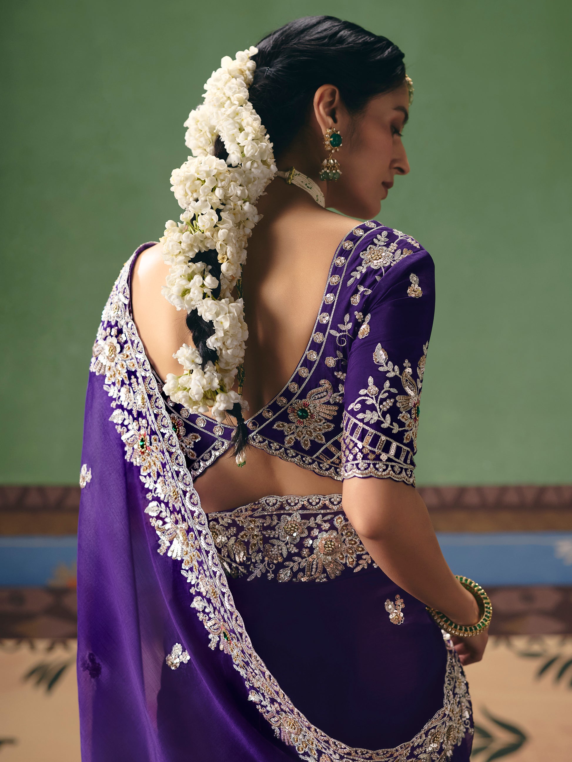 Fabulous Navy Blue Sequins Silk Reception Wear Saree With Blouse