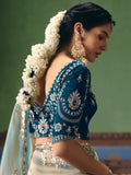 Beautiful Sky-Blue Embroidered Silk Designer Saree With Blouse