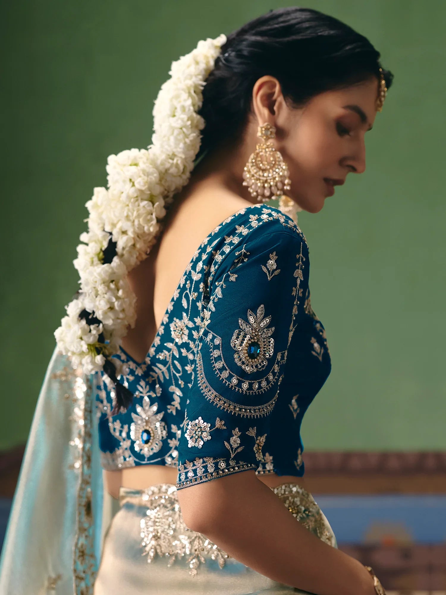 Beautiful Sky-Blue Embroidered Silk Designer Saree With Blouse